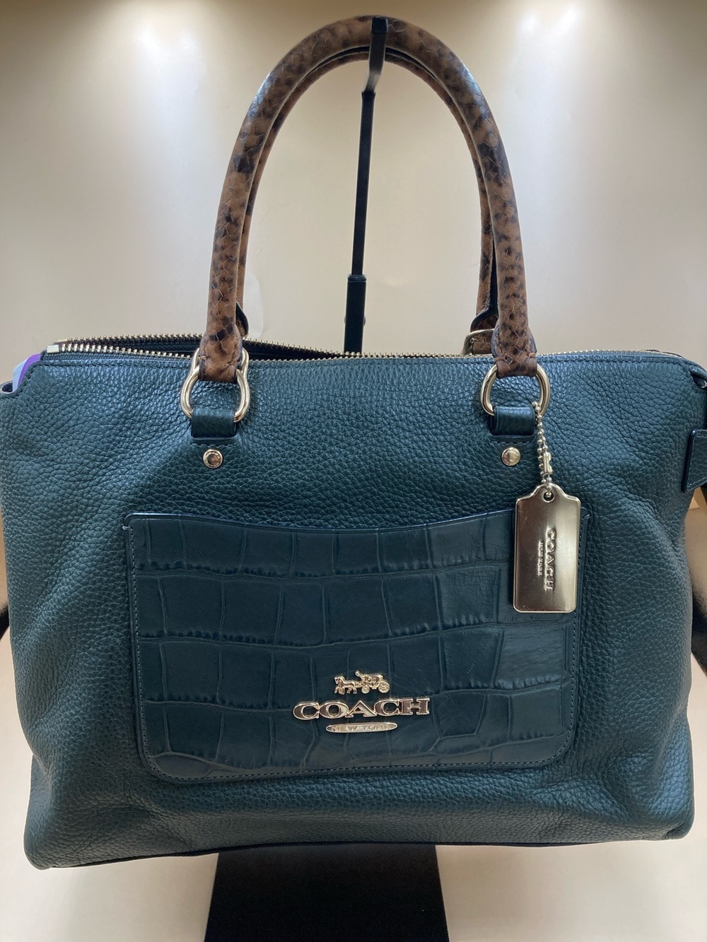 Coach Teal Leather Satchel with Brown Snake-Print Handles Gorgeous